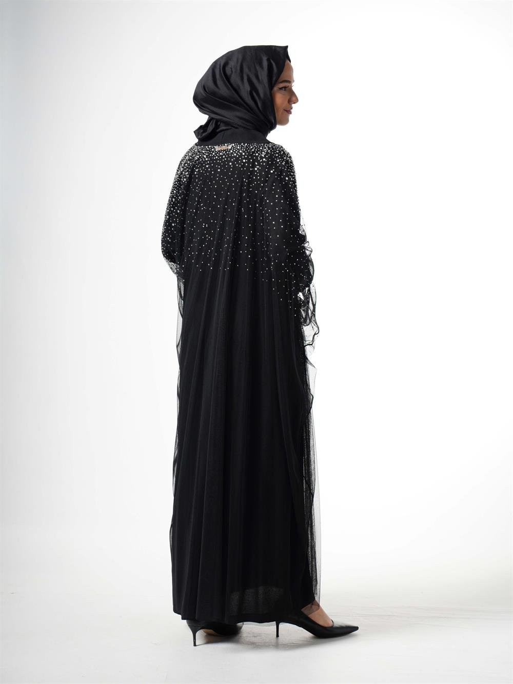 Jupe Taşlı Tül Önü Açık Abaya 5304-SİYAH