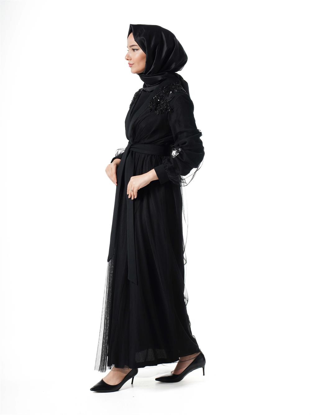 Heddy Sırtı Boncuk Detaylı Abaya 6615-SİYAH