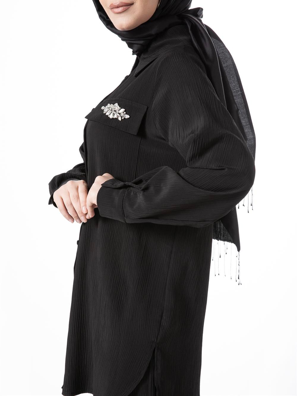 Heddy Gömlek Cebi Taş Detaylı Pantolonlu Takım 23411-SİYAH