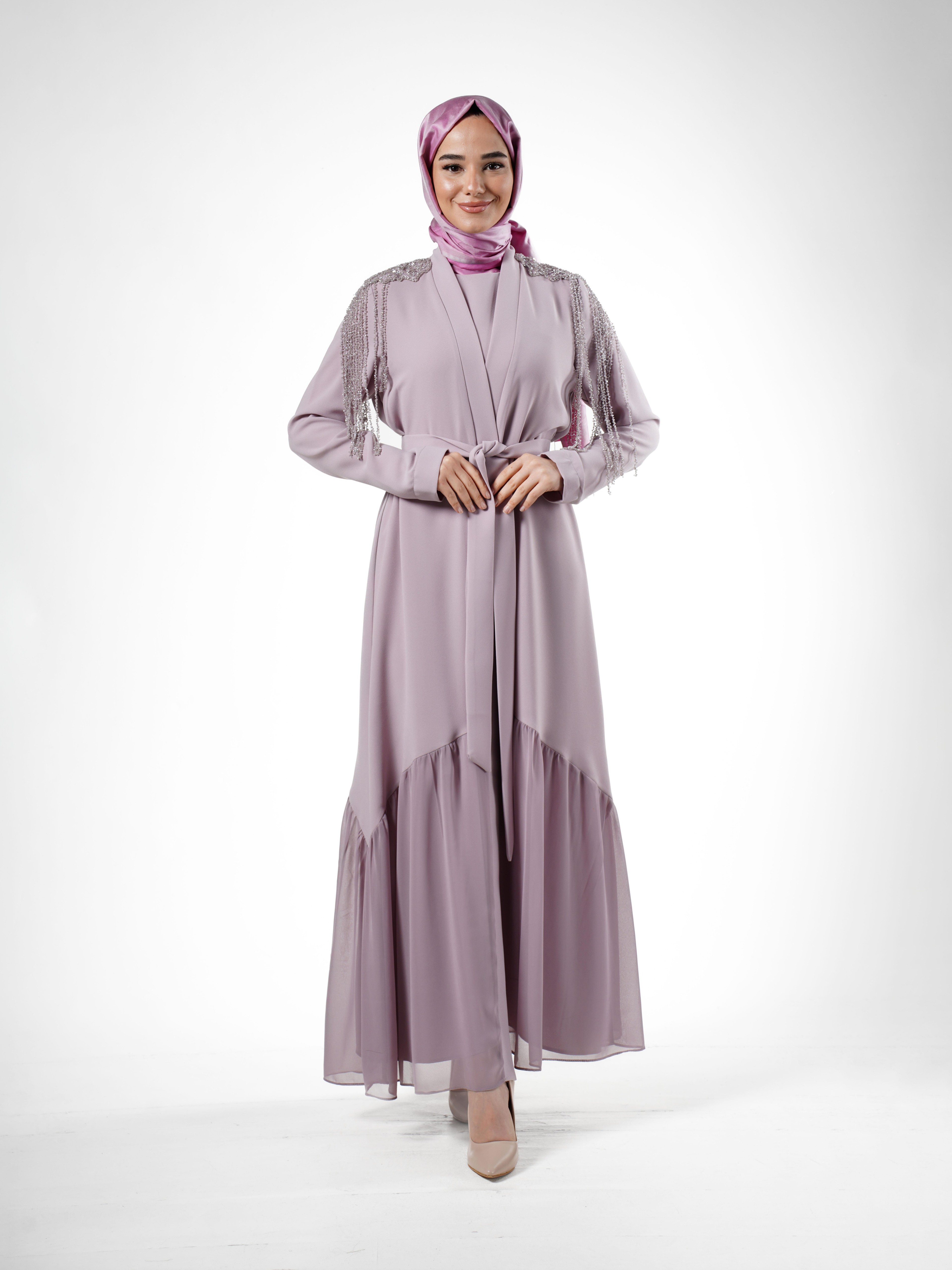 Heddy Omuzları Saçaklı İçli Dışlı Abaya 7639-LİLA