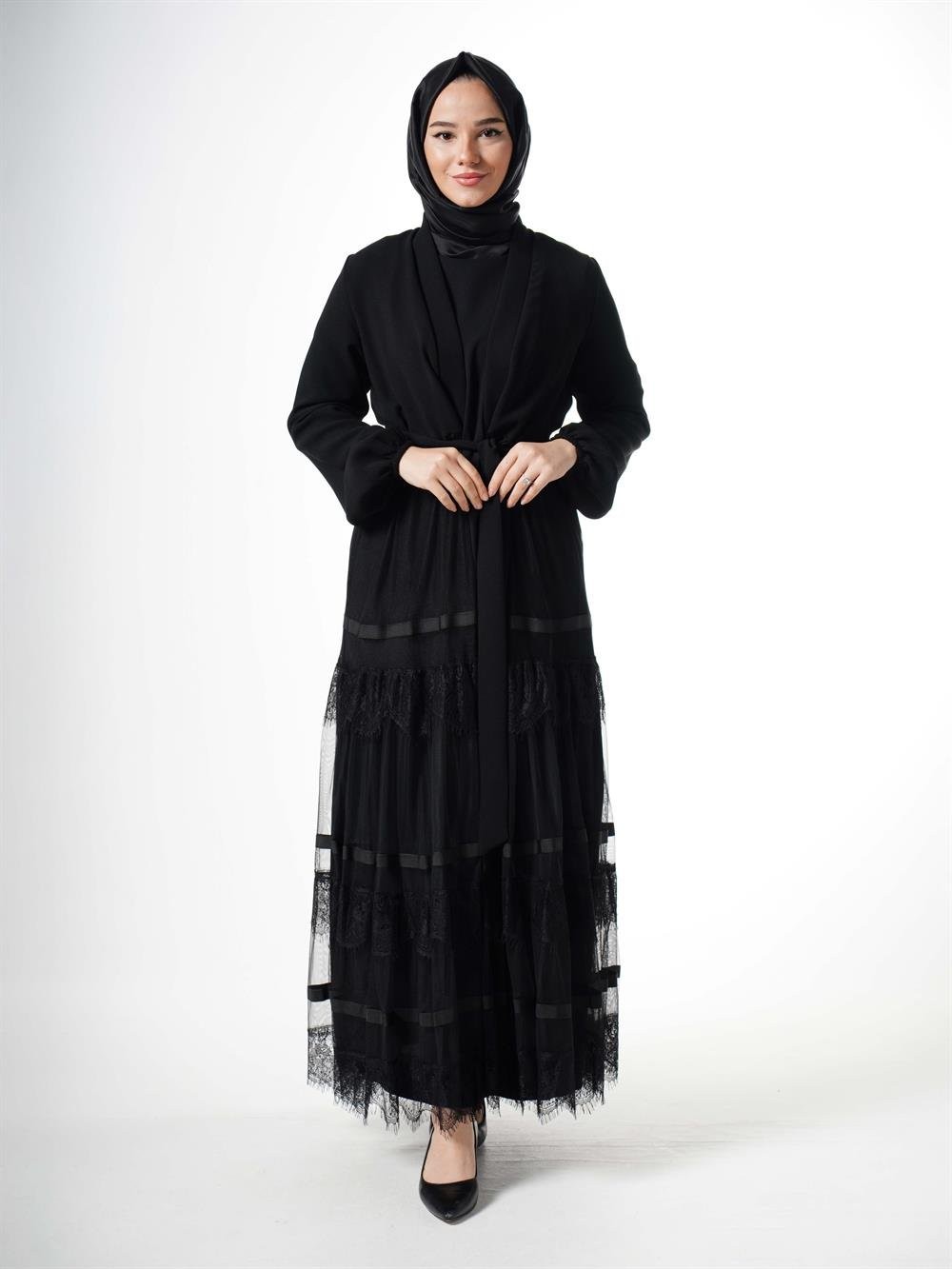 Heddy Dantel Detaylı Abaya 6606-SİYAH