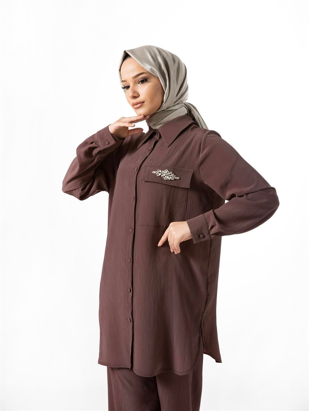 Heddy Gömlek Cebi Taş Detaylı Pantolonlu Takım 23411-KAHVERENGİ