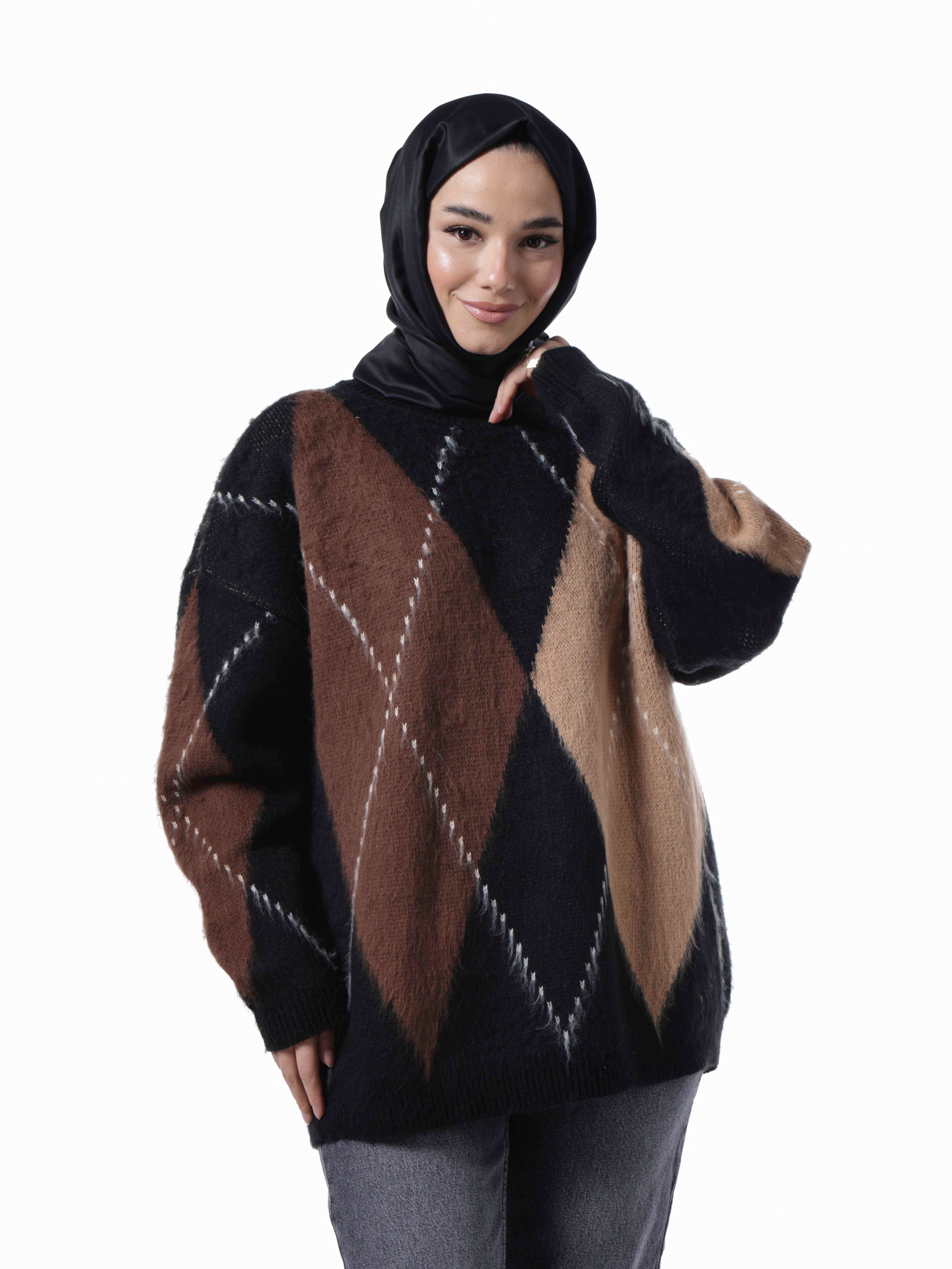 Hot Fashion Baklava Desenli Yün Kazak 3544