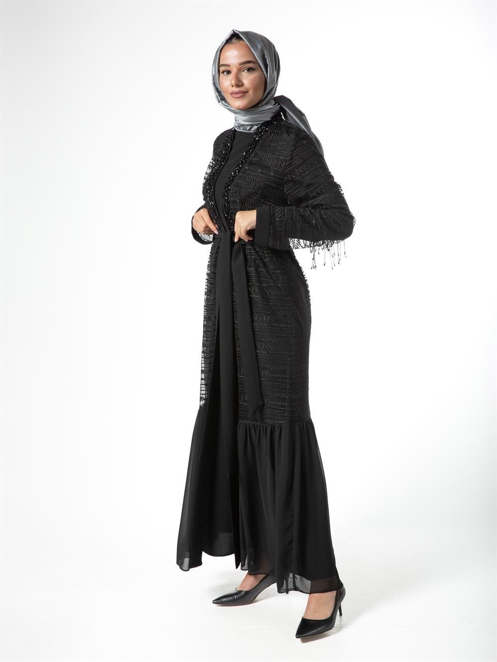 Heddy Tüllü Boncuklu Abaya 6611-SİYAH