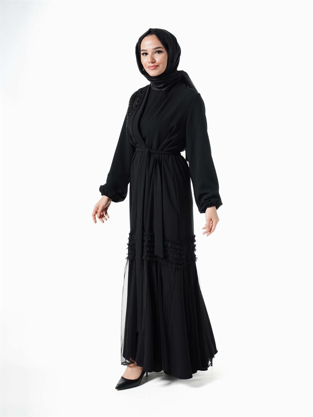 Heddy Omzu Nakışlı Tüllü Abaya 7700-SİYAH