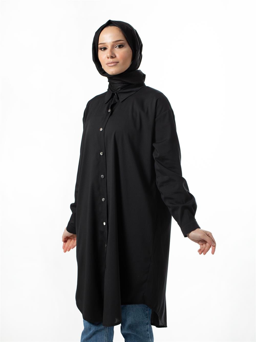 Ceremony Önü Çıt Çıtlı Etek Ucu Oval Paper Touch Uzun Tunik 3174-SİYAH