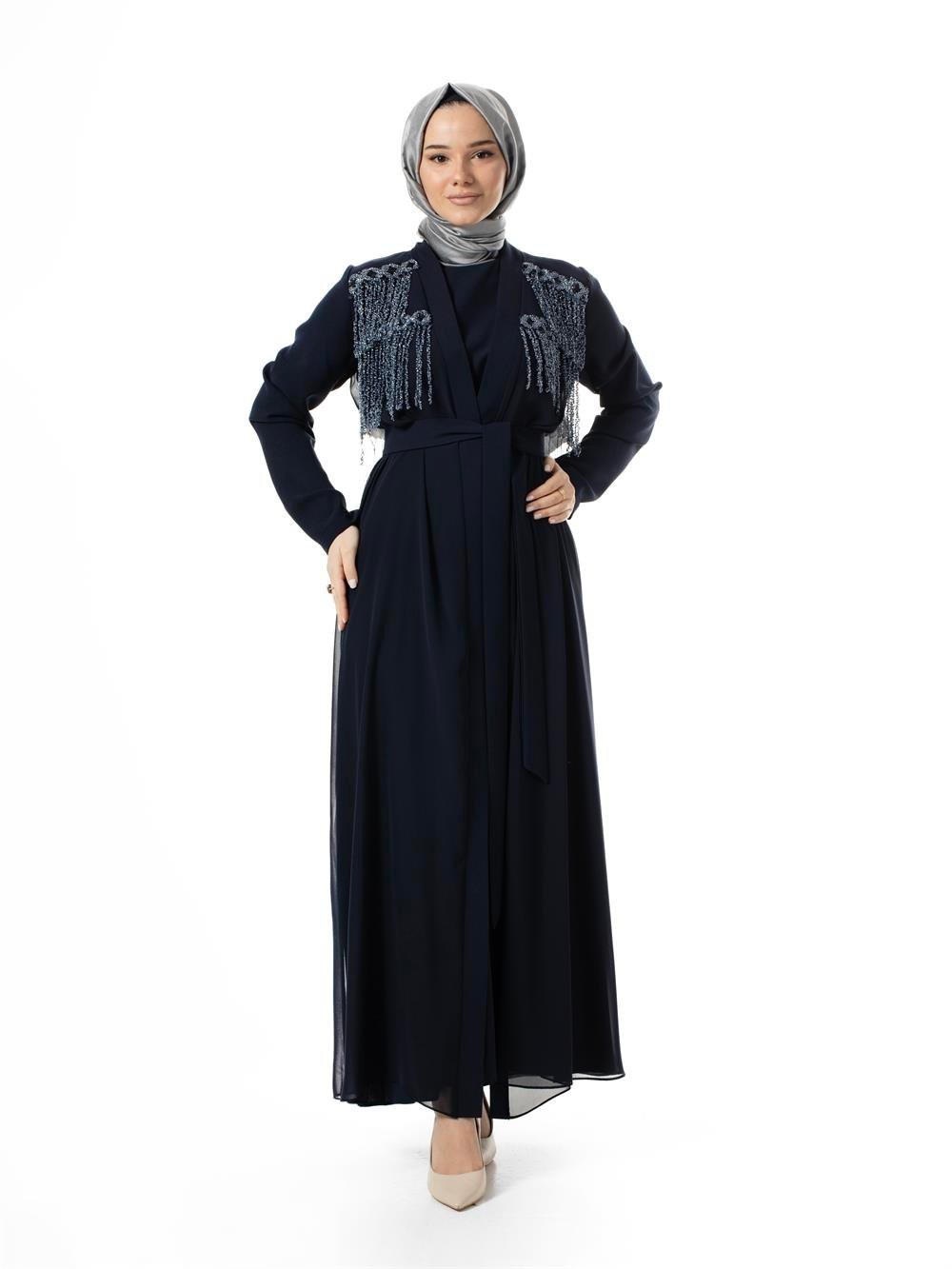 Heddy Önü ve Sırtı Boncuk İşlemeli Abaya 6608-LACİVERT