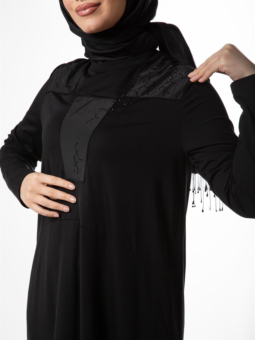Ceremony Omzu Paraşüt ve Boncuk Detaylı Bambu Elbise 3738-SİYAH