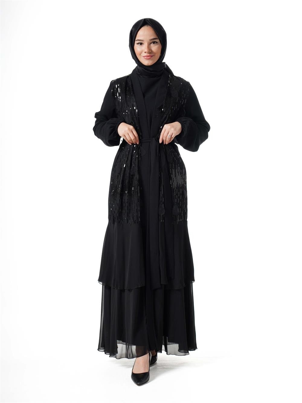 Heddy Yapraklı Pullu Abaya 5661-SİYAH