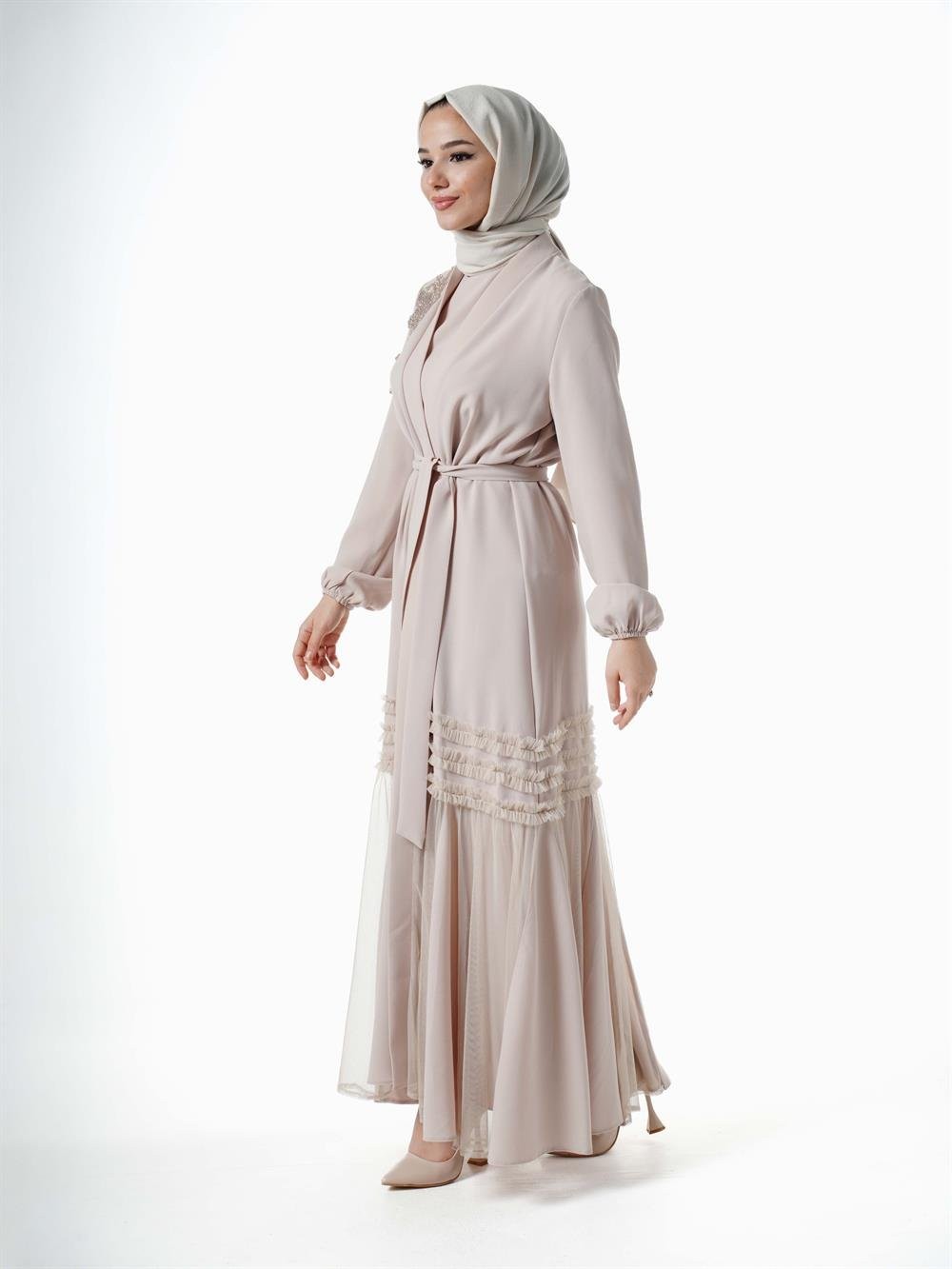 Heddy Omzu Nakışlı Tüllü Abaya 7700-BEJ