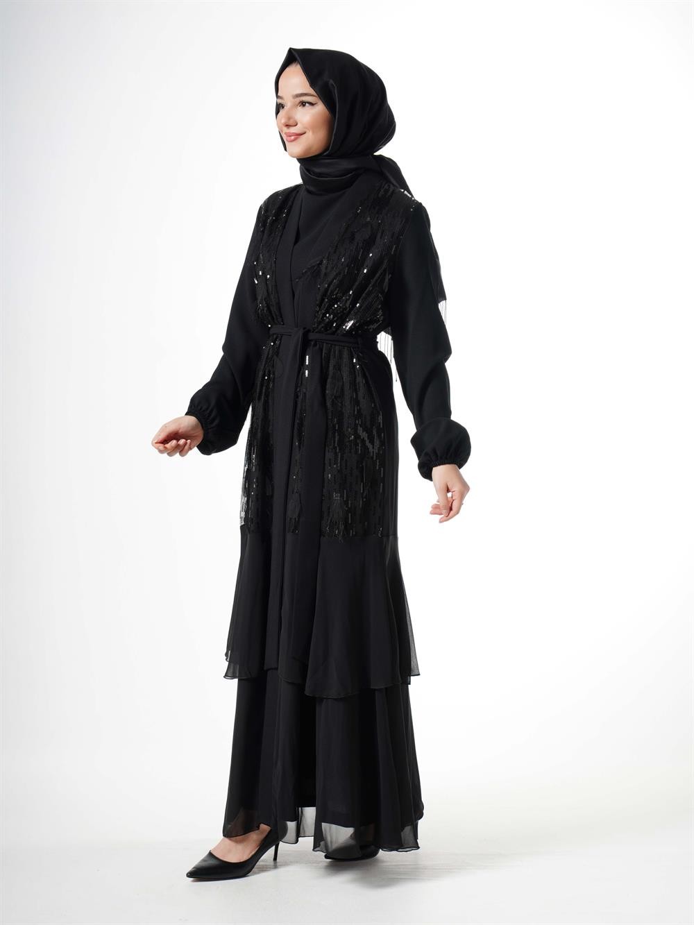 Heddy Yapraklı Pullu Abaya 5661-SİYAH