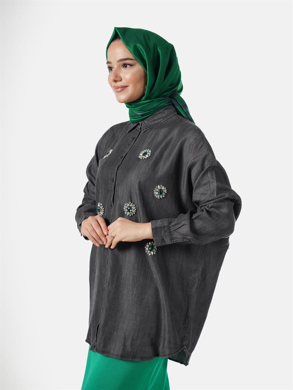 Orfeo Negro Tensel Taşlı Gömlek 32989-GRİ