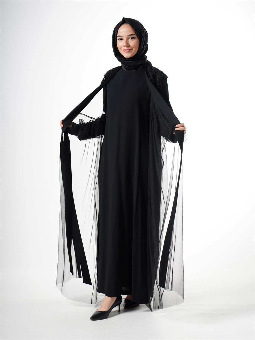 Heddy Sırtı Boncuk Detaylı Abaya 6615-SİYAH