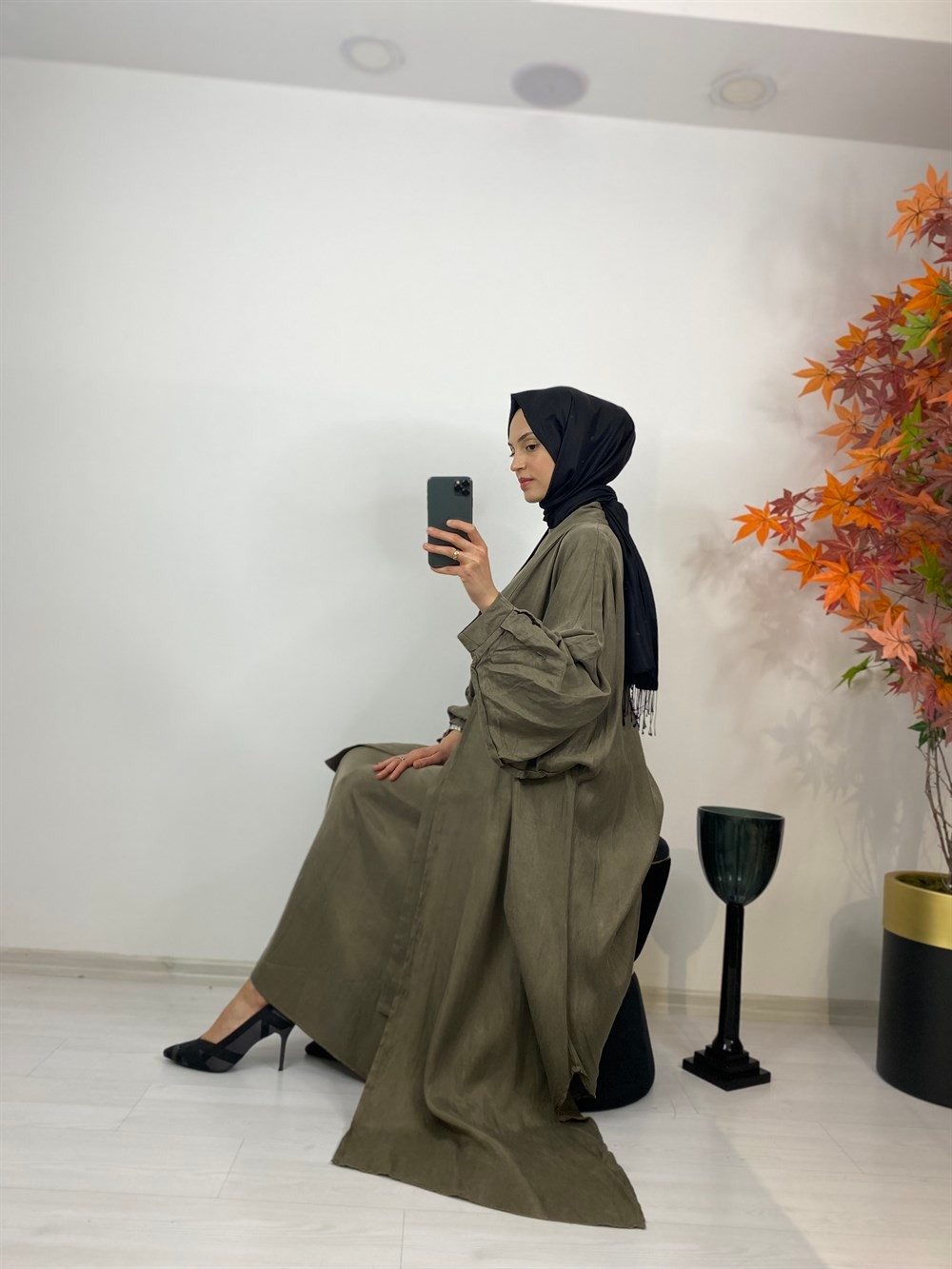 Ceremony Önden Bağlı Taş Detaylı Cupra Kaftan 3864-HAKİ
