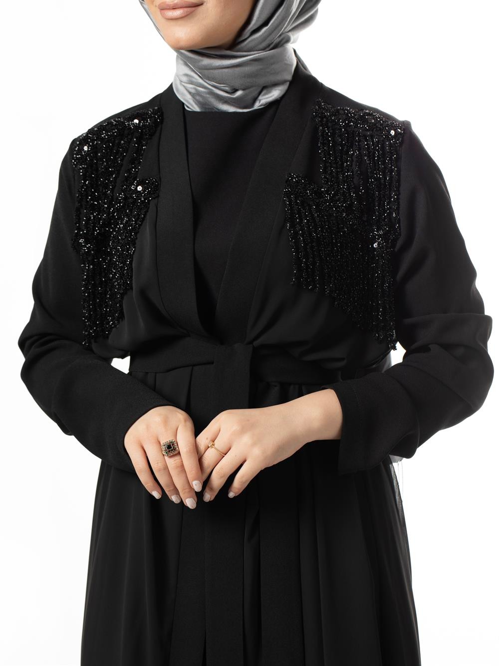 Heddy Önü ve Sırtı Boncuk İşlemeli Abaya 6608-SİYAH