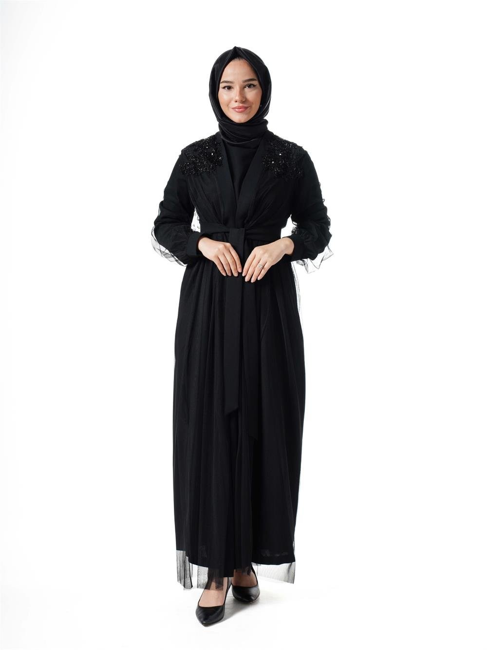 Heddy Sırtı Boncuk Detaylı Abaya 6615-SİYAH