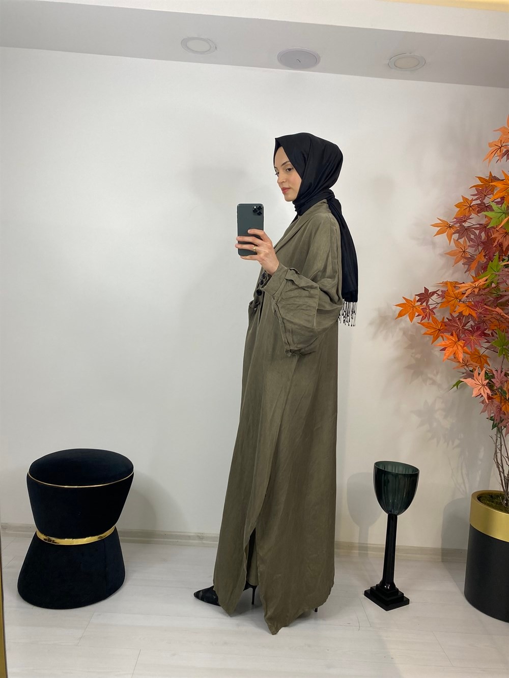 Ceremony Önden Bağlı Taş Detaylı Cupra Kaftan 3864-HAKİ