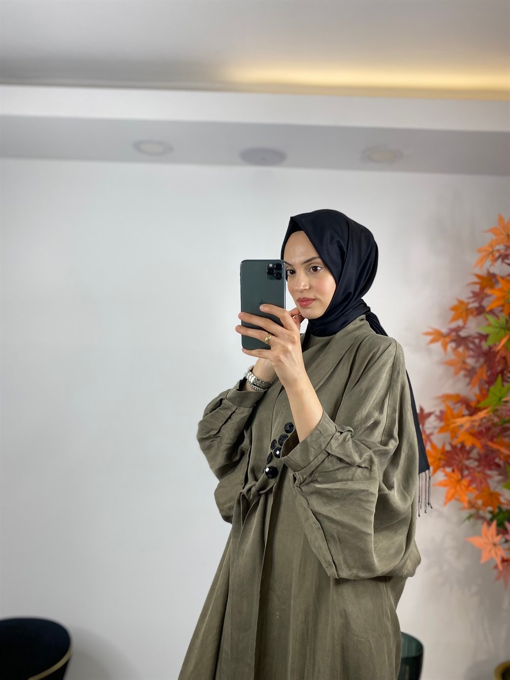 Ceremony Önden Bağlı Taş Detaylı Cupra Kaftan 3864-HAKİ
