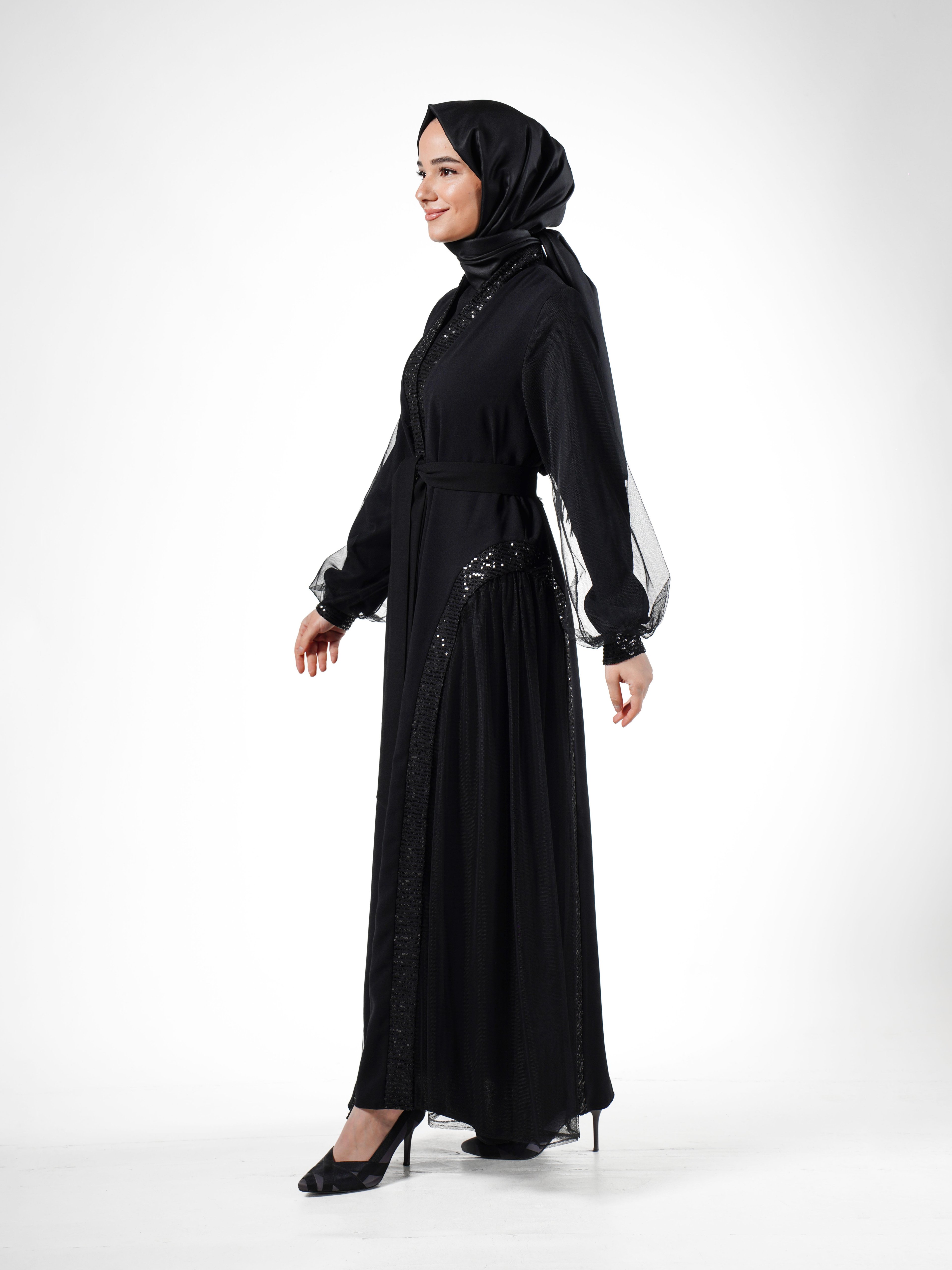 Heddy Pul ve Tül Detaylı İçli Dışlı Abaya 7634-SİYAH