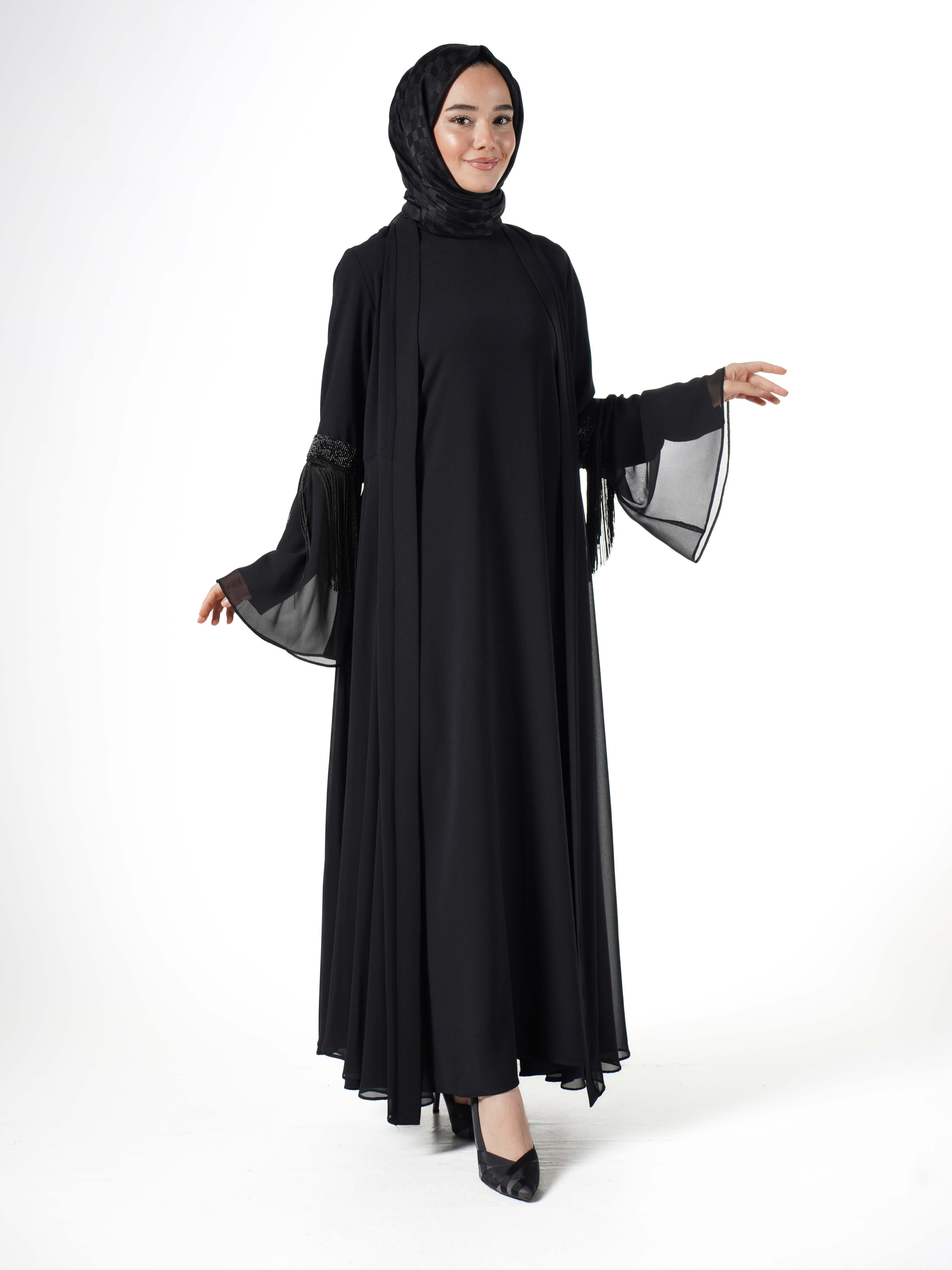 Heddy Boncuk ve İp Detaylı Abaya 7603-SİYAH