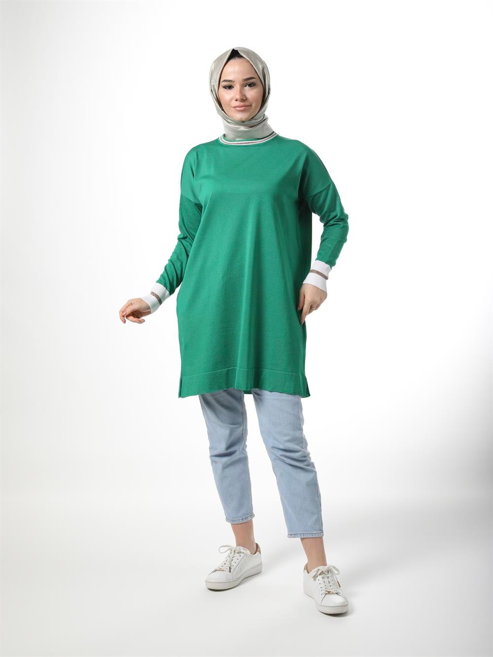 Belischa Kol Ve Yaka Simli Merserize Tunik 001-B.YEŞİL