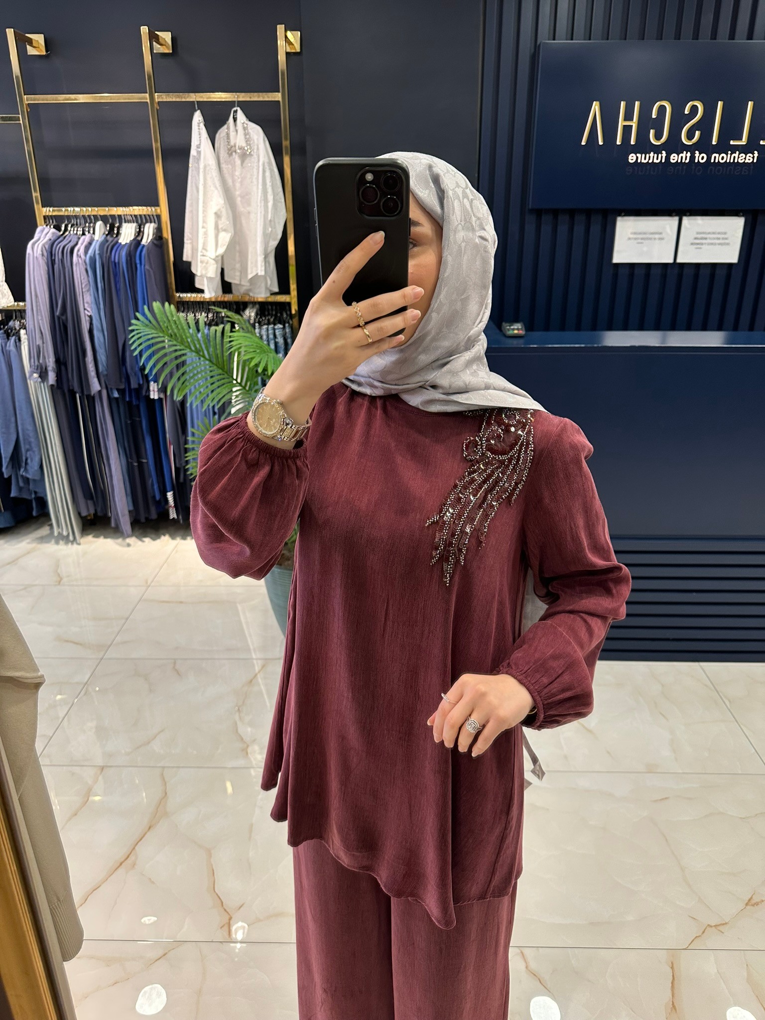 Heddy Omuzu Nakışlı İpek Kupra Pantolonlu Takım 25465