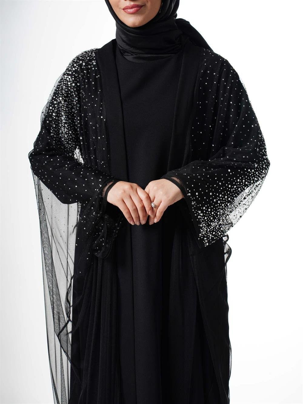 Jupe Taşlı Tül Önü Açık Abaya 5304-SİYAH