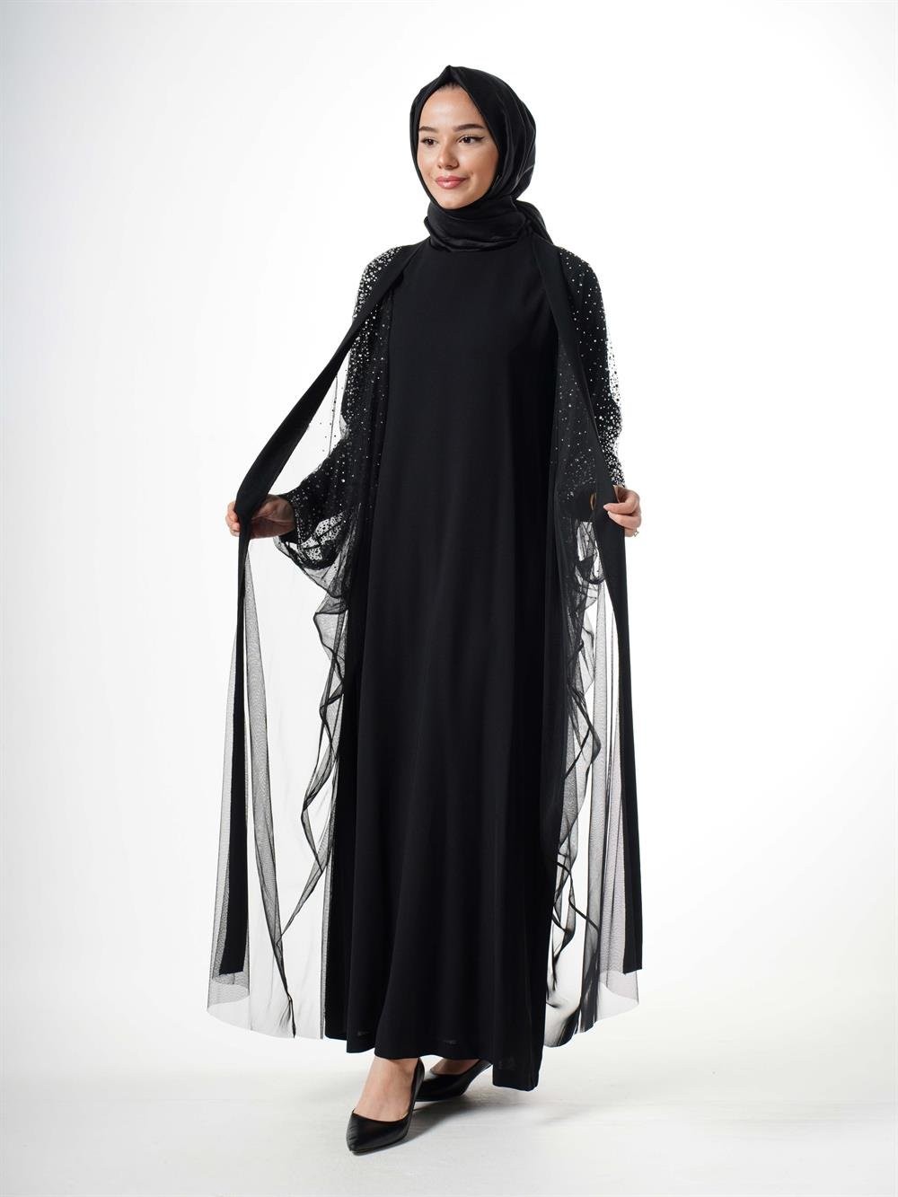 Jupe Taşlı Tül Önü Açık Abaya 5304-SİYAH