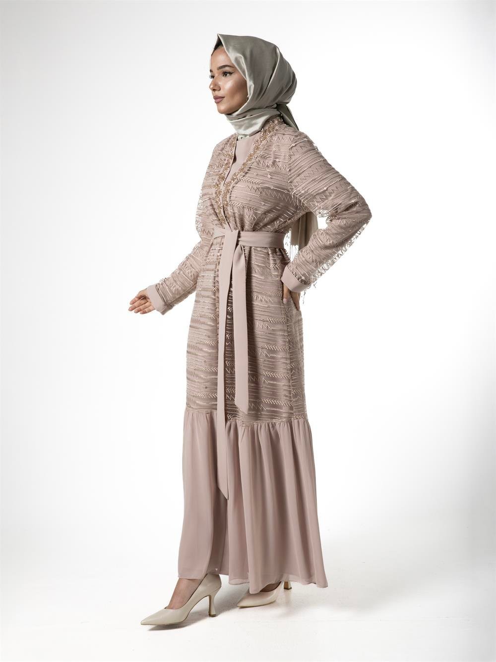 Heddy Tüllü Boncuklu Abaya 6611-VİZON