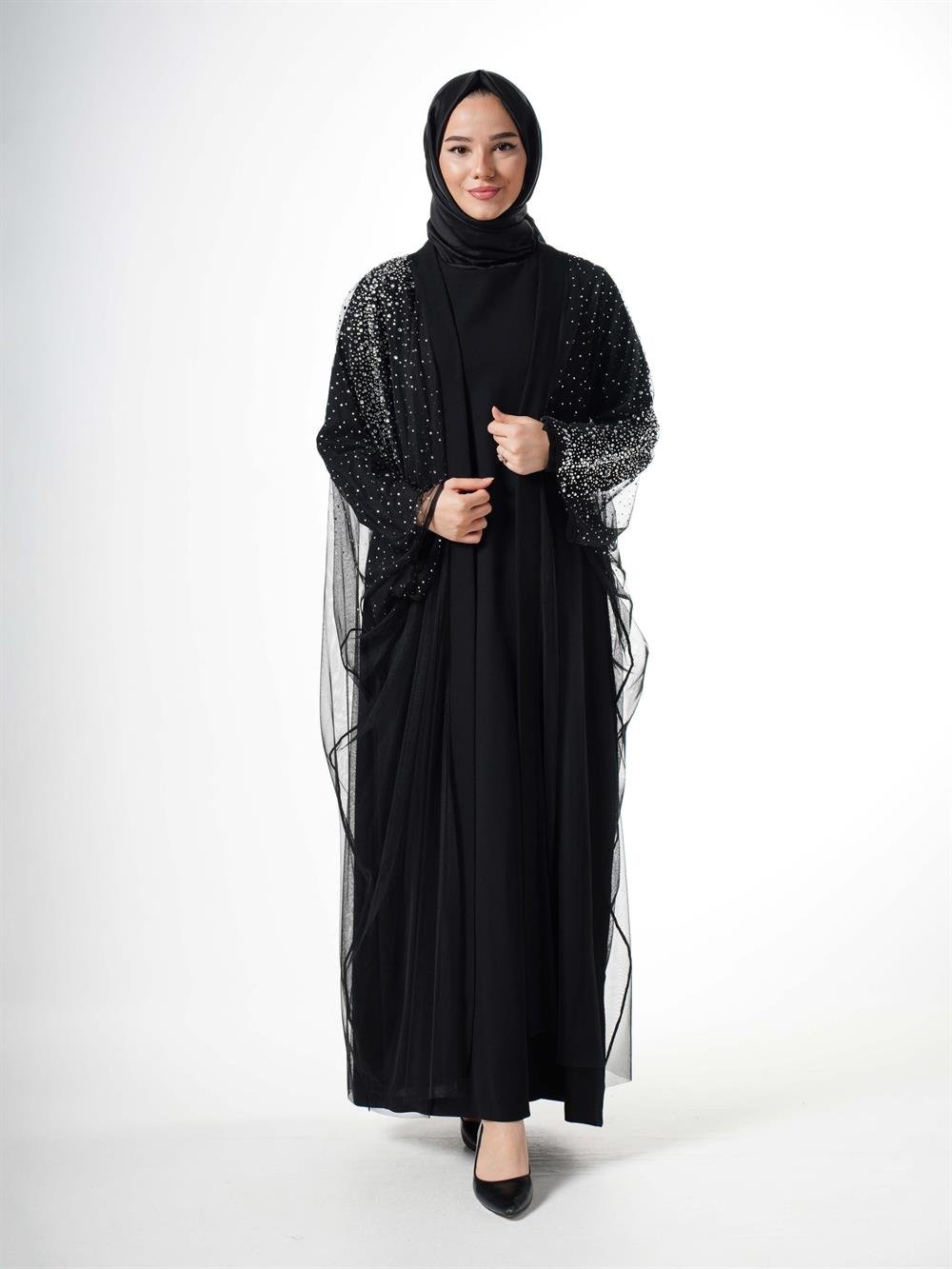 Jupe Taşlı Tül Önü Açık Abaya 5304-SİYAH