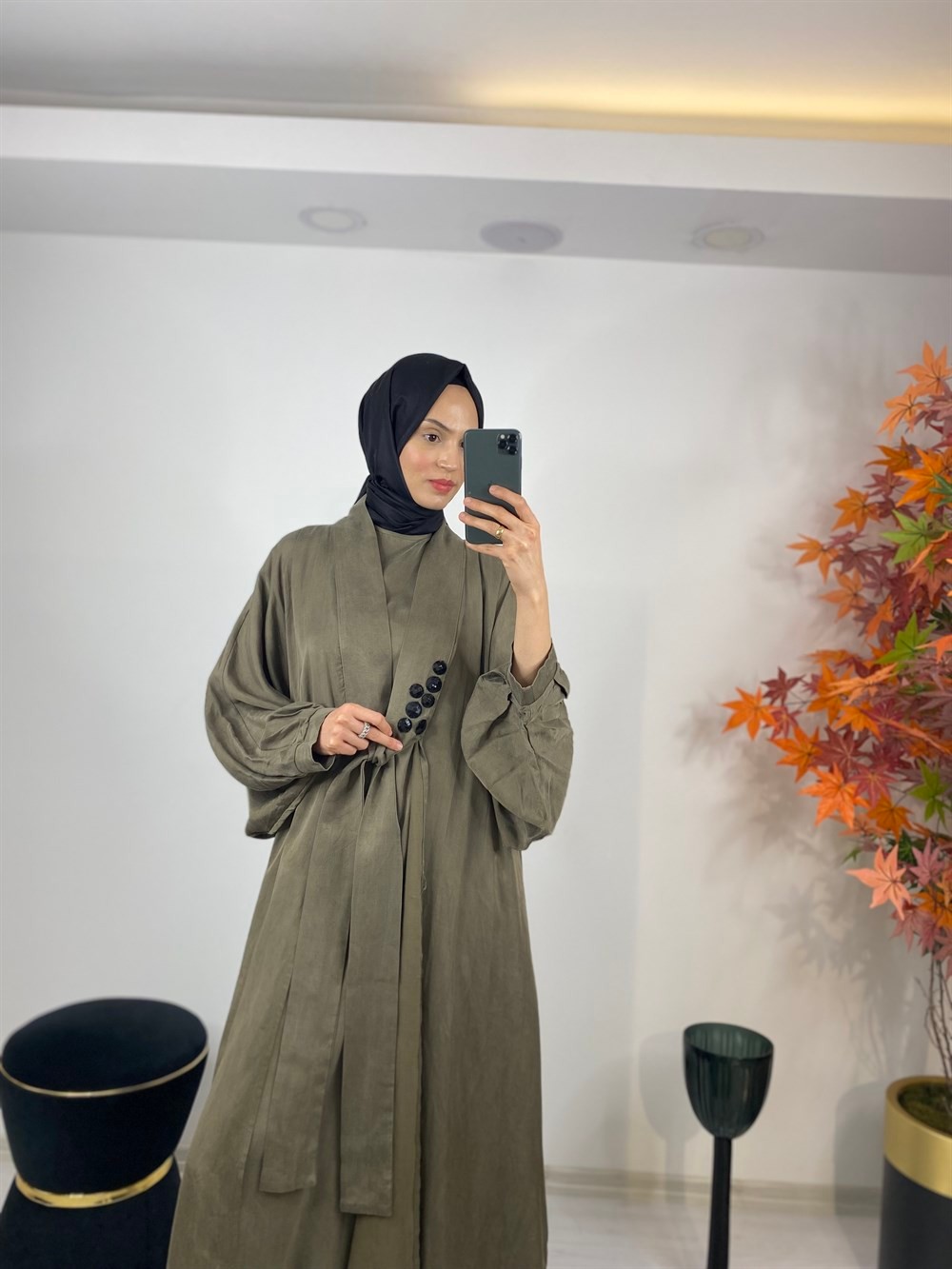 Ceremony Önden Bağlı Taş Detaylı Cupra Kaftan 3864-HAKİ