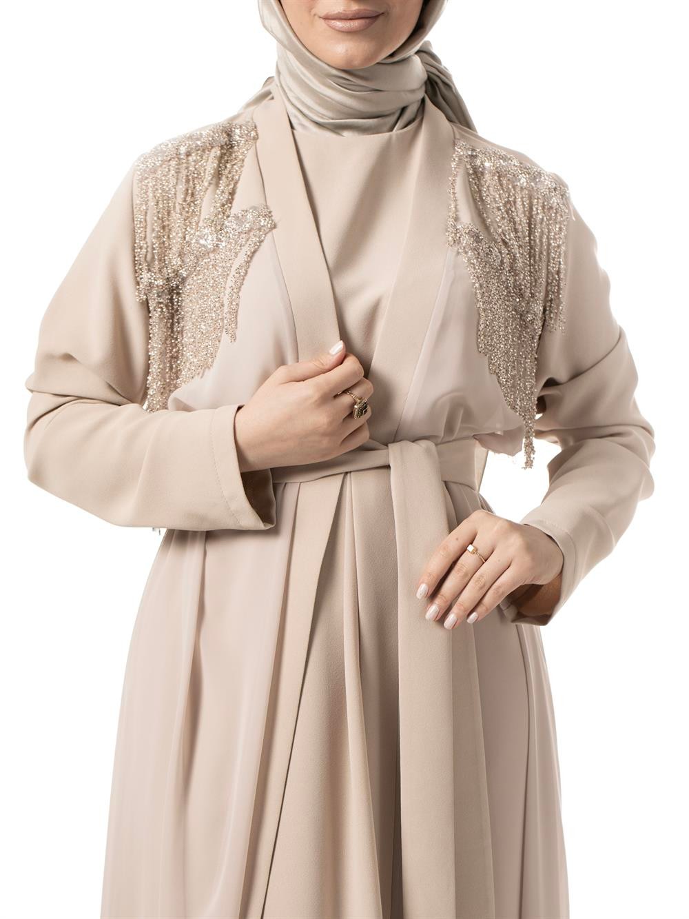 Heddy Önü ve Sırtı Boncuk İşlemeli Abaya 6608-BEJ