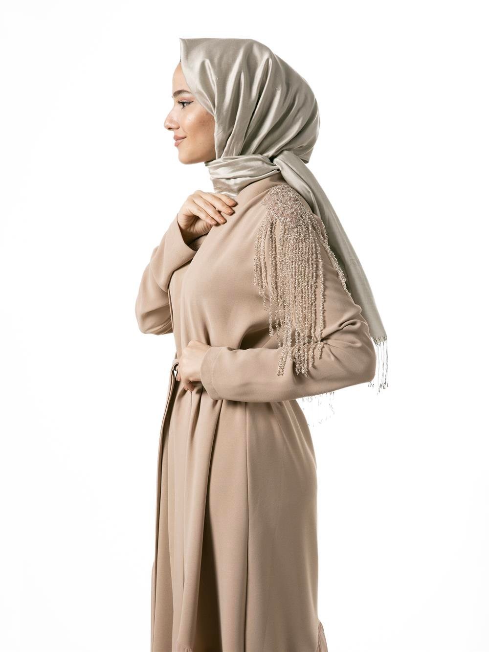 Heddy Omuzları Saçaklı Abaya 6603-BEJ