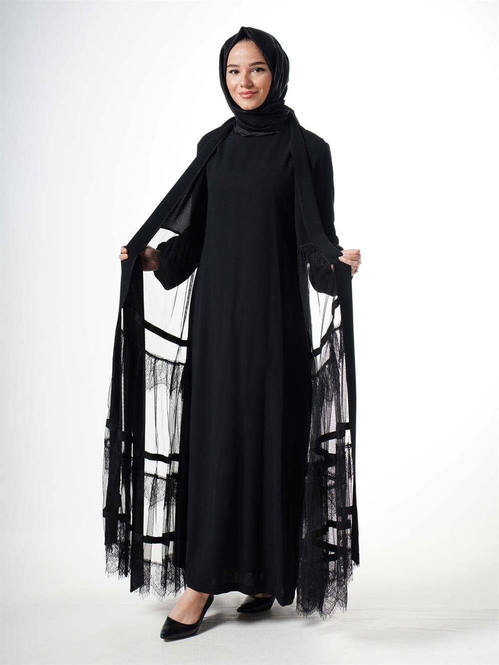 Heddy Dantel Detaylı Abaya 6606-SİYAH