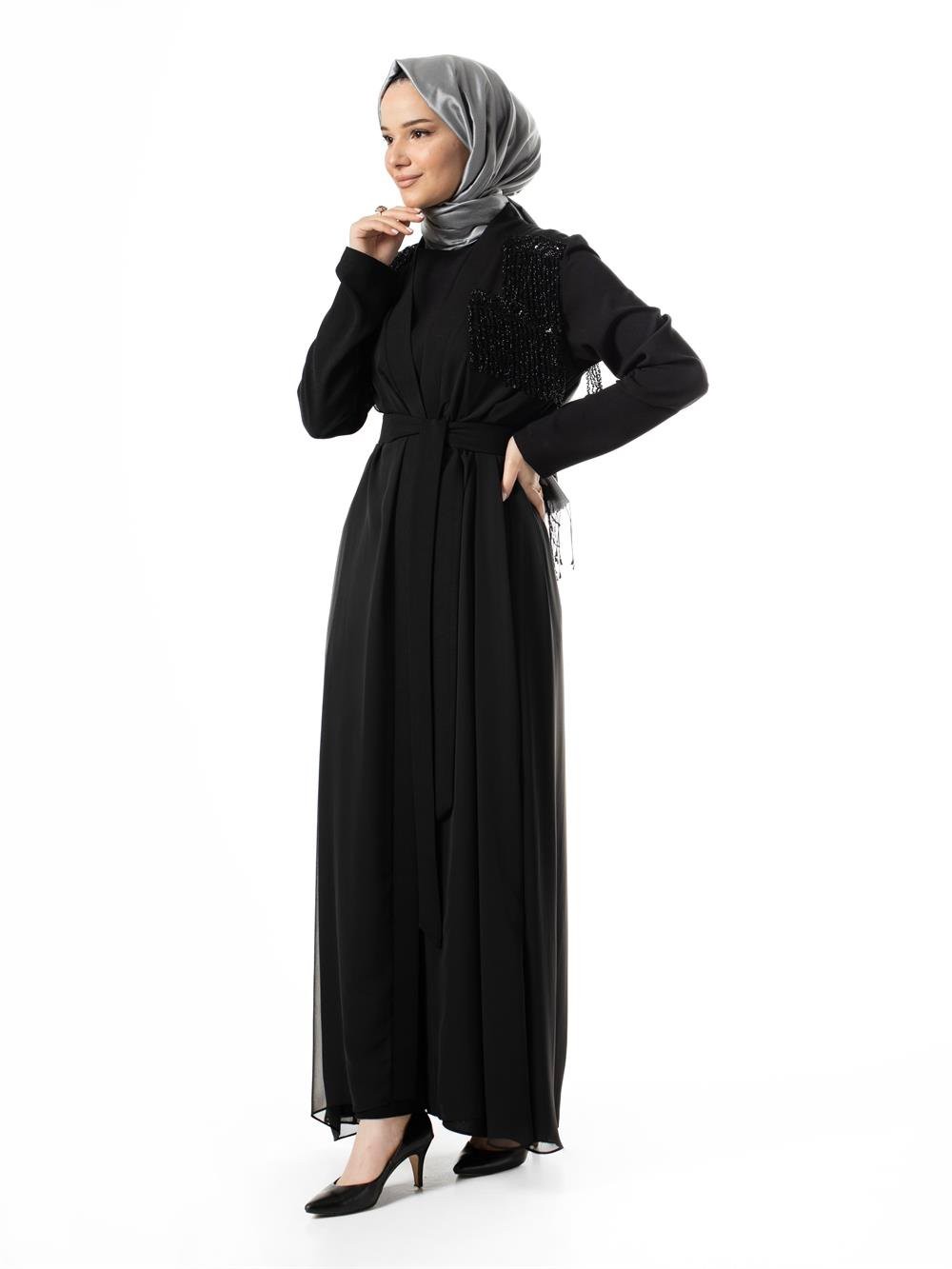 Heddy Önü ve Sırtı Boncuk İşlemeli Abaya 6608-SİYAH