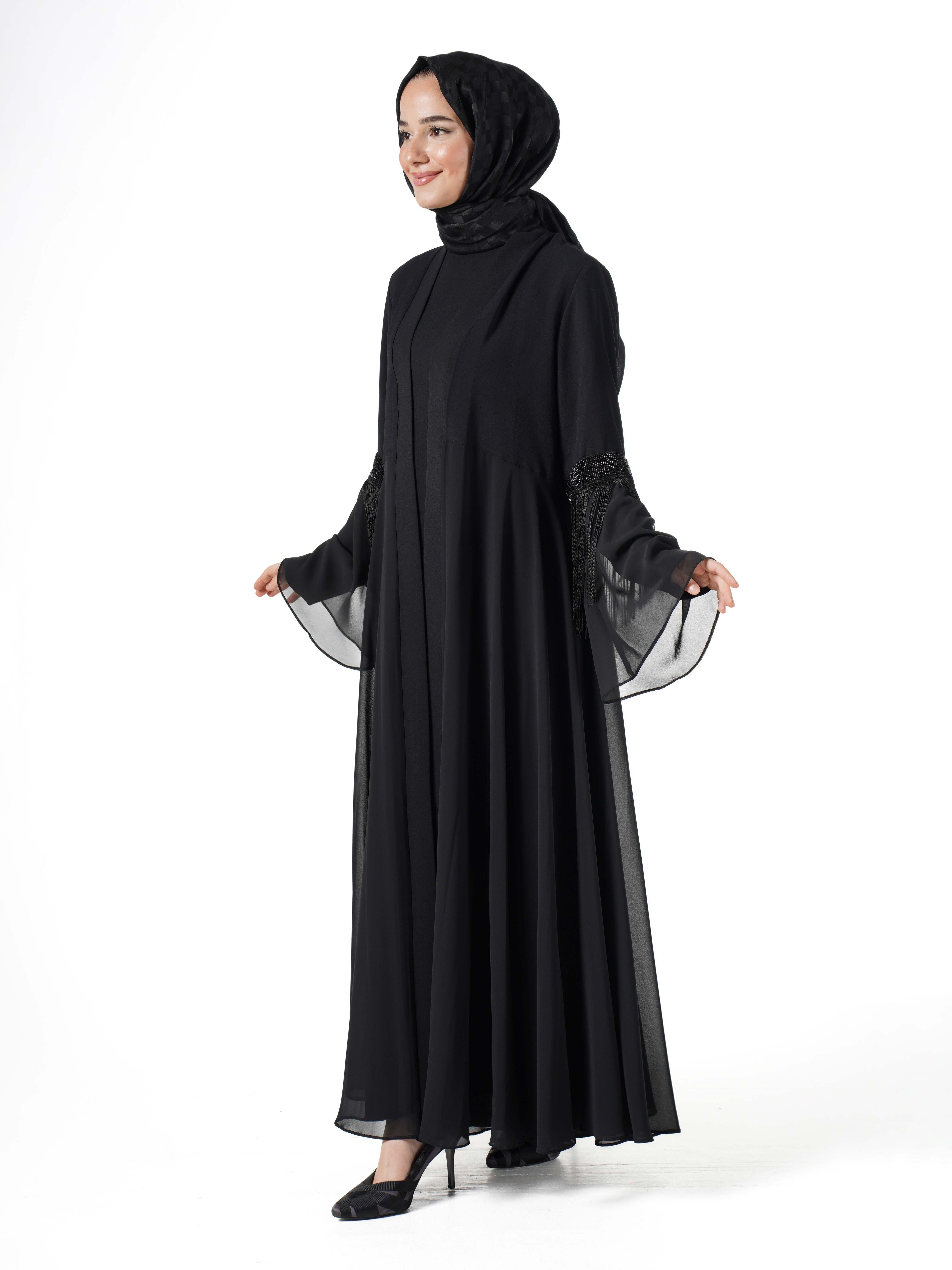 Heddy Boncuk ve İp Detaylı Abaya 7603-SİYAH