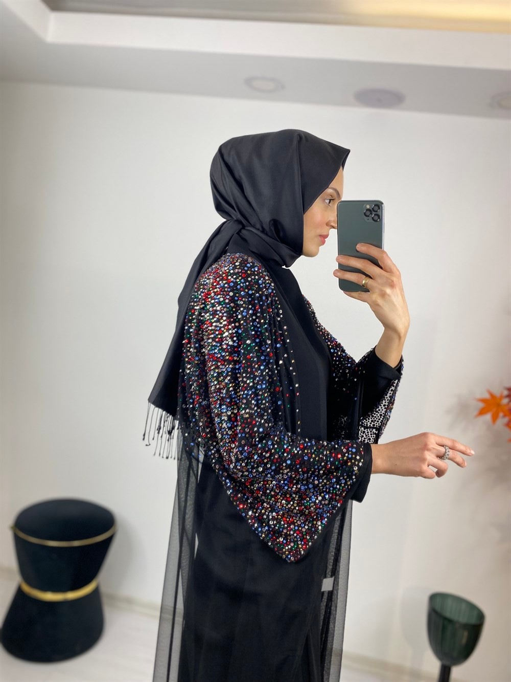 Corner Fashion Tül Renkli Taşlı Önü Açık Abaya 2133-SİYAH