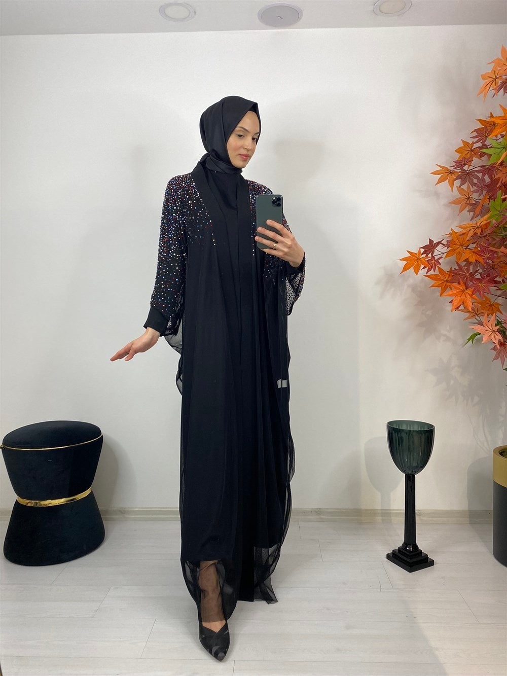 Corner Fashion Tül Renkli Taşlı Önü Açık Abaya 2133-SİYAH