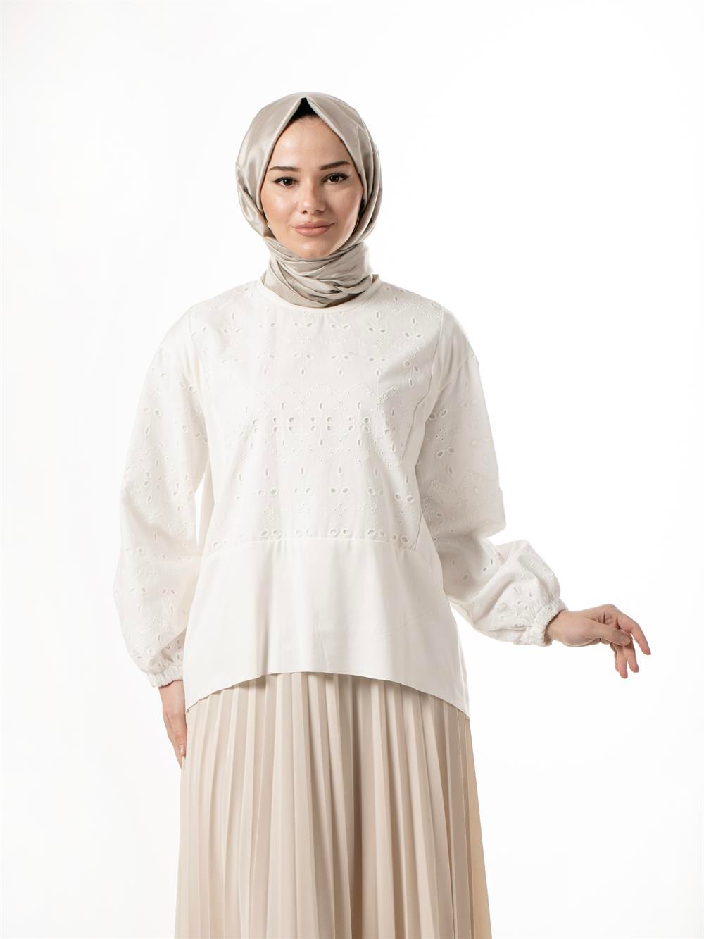Ceremony Kolları Ve Önü Brode Bambu Kısa Tunik 31109-BEYAZ