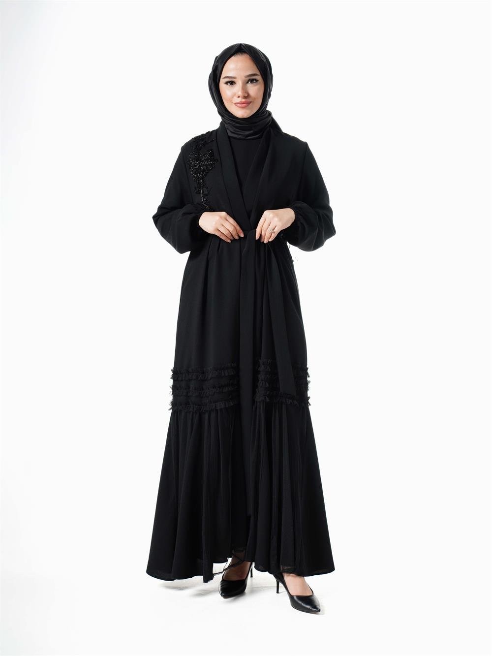 Heddy Omzu Nakışlı Tüllü Abaya 7700-SİYAH