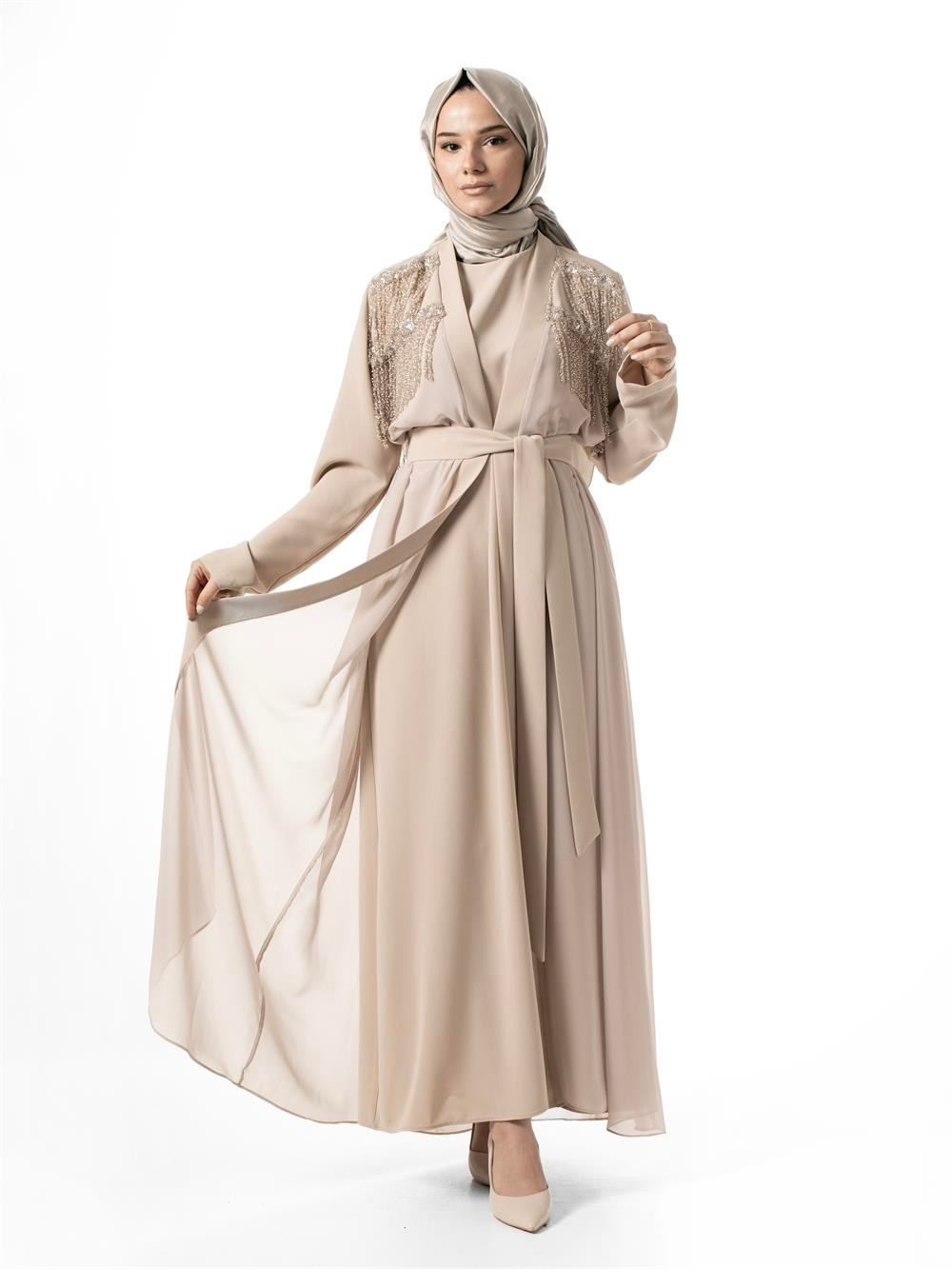 Heddy Önü ve Sırtı Boncuk İşlemeli Abaya 6608-BEJ