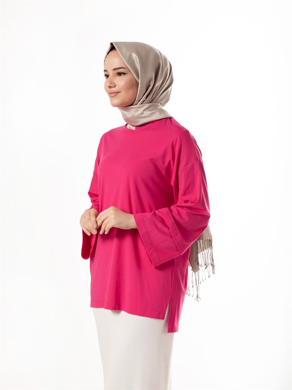 Ceremony Yakası Boncuk Aksesuarlı Bambu Tunik 3125-PEMBE