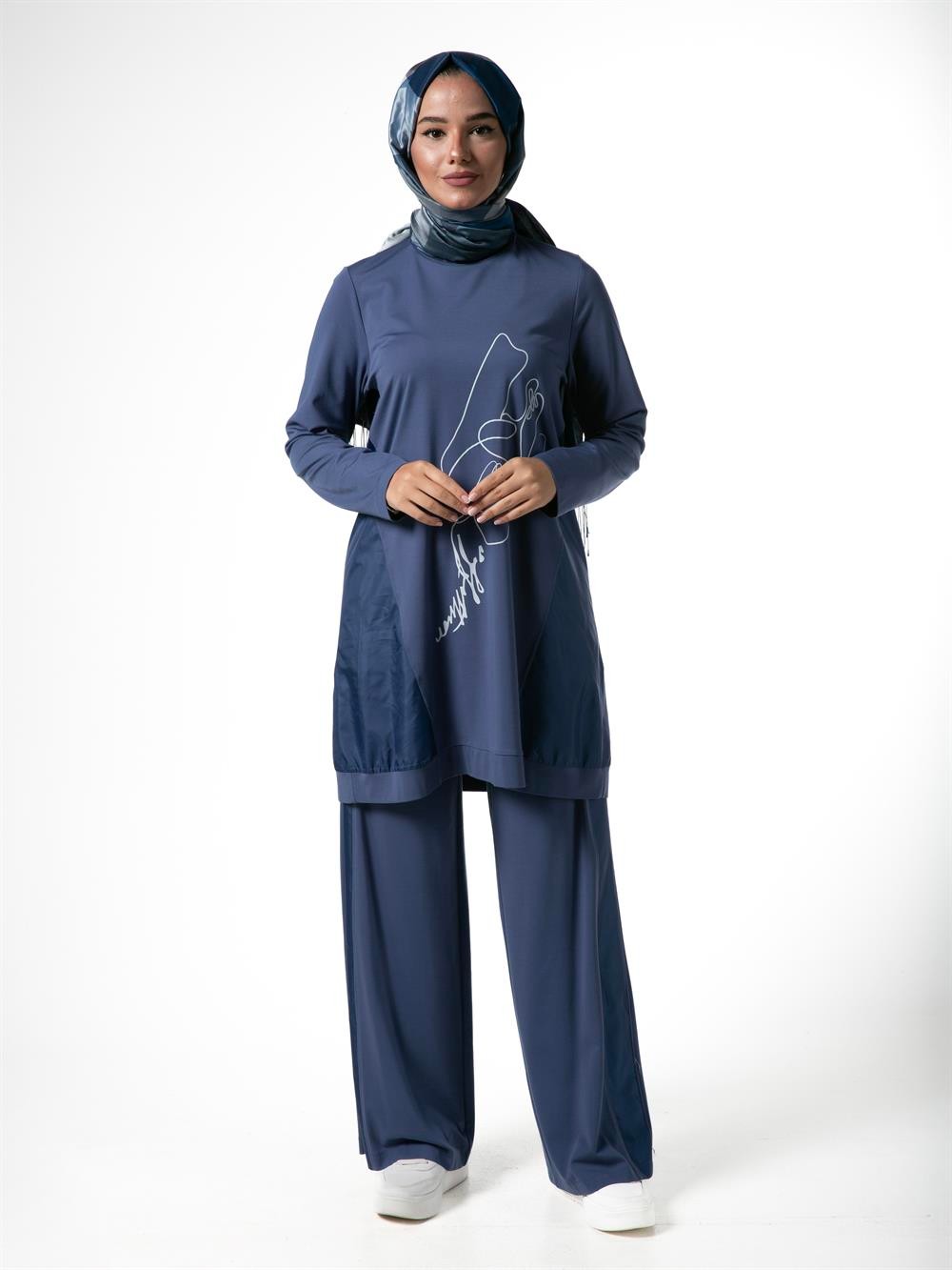 Heddy Ön Desenli Pantolonlu Takım 23407-İNDİGOMAVİ