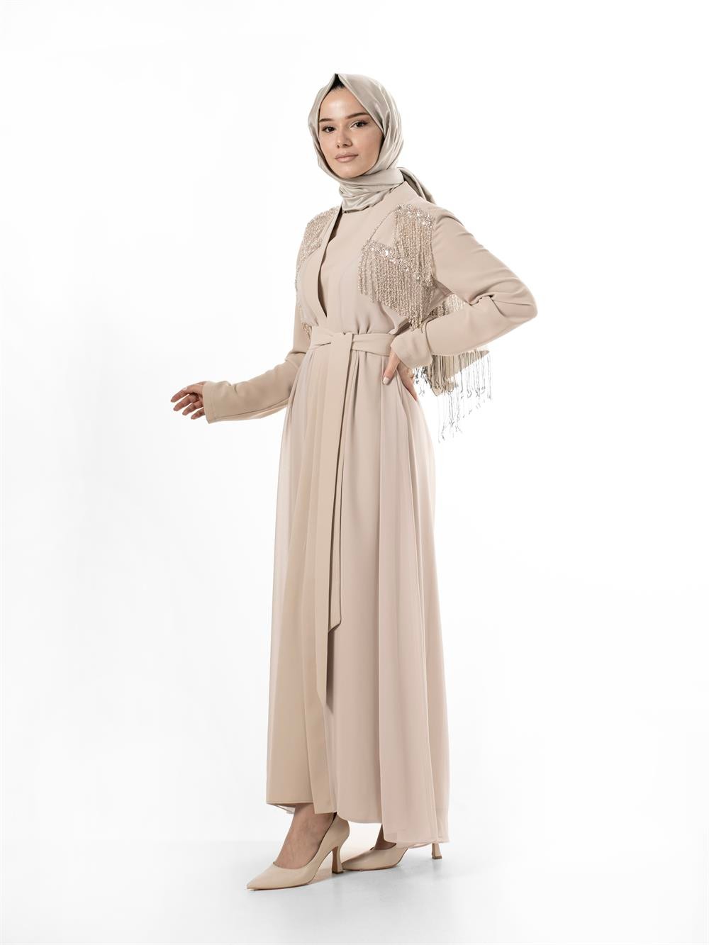 Heddy Önü ve Sırtı Boncuk İşlemeli Abaya 6608-BEJ