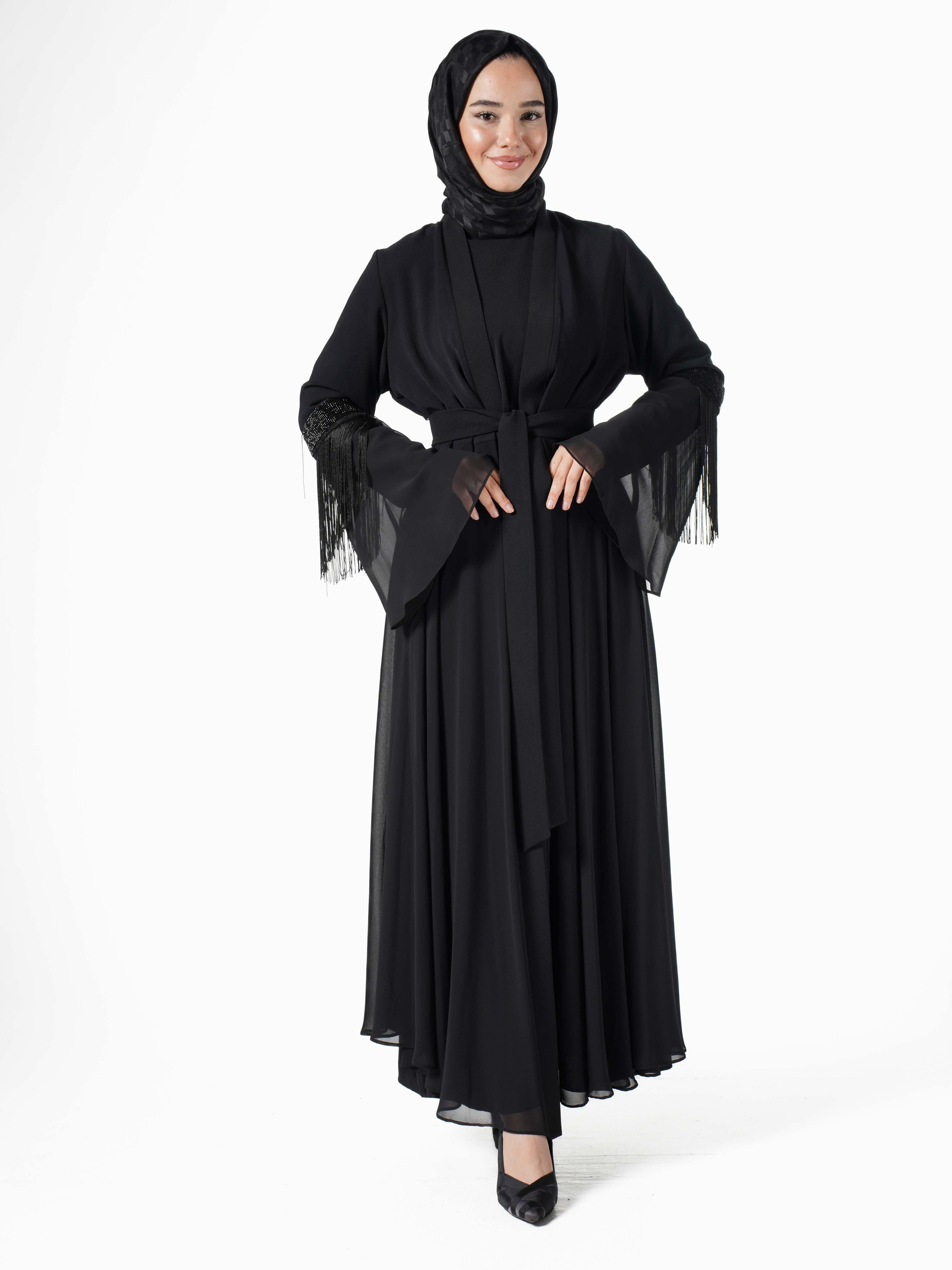 Heddy Boncuk ve İp Detaylı Abaya 7603-SİYAH