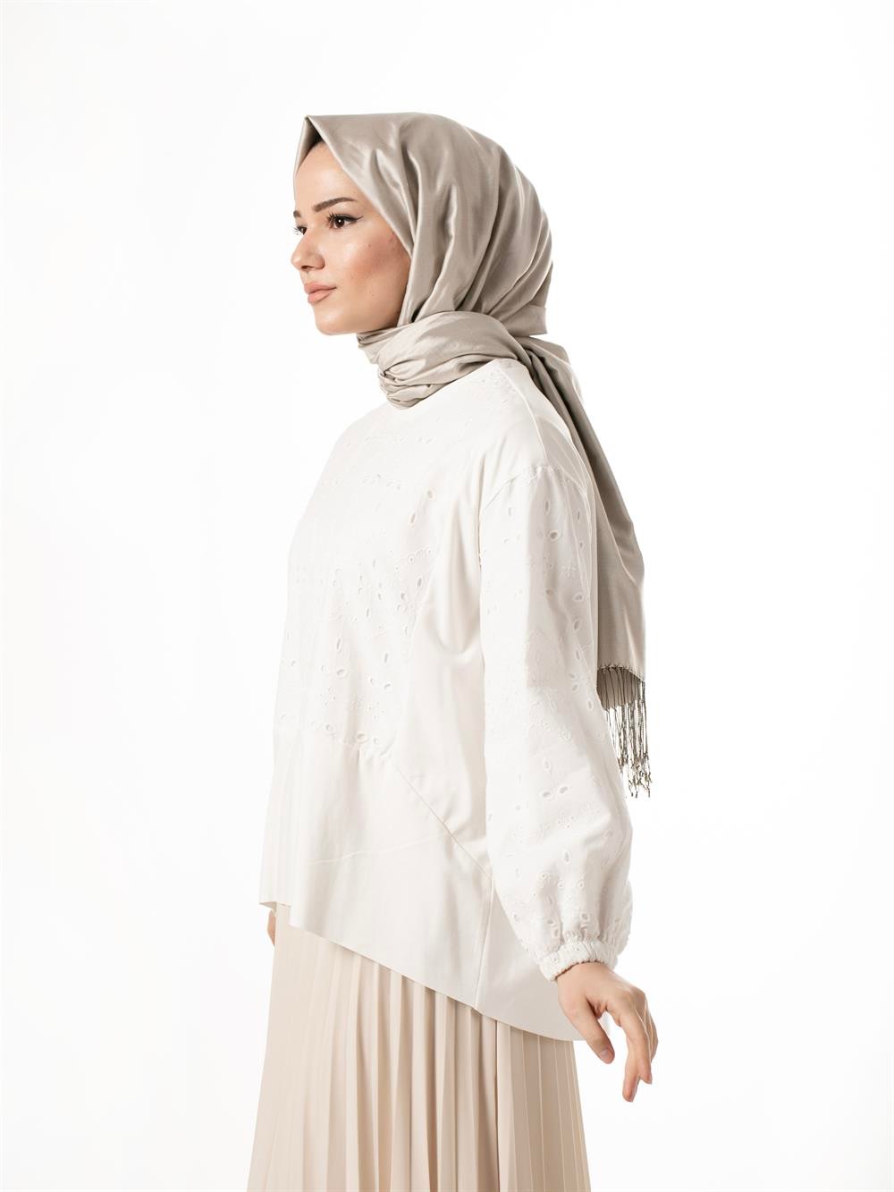 Ceremony Kolları Ve Önü Brode Bambu Kısa Tunik 31109-BEYAZ