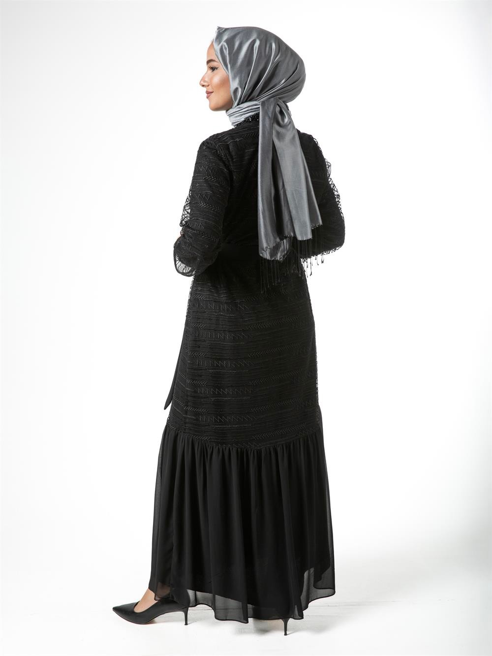 Heddy Tüllü Boncuklu Abaya 6611-SİYAH