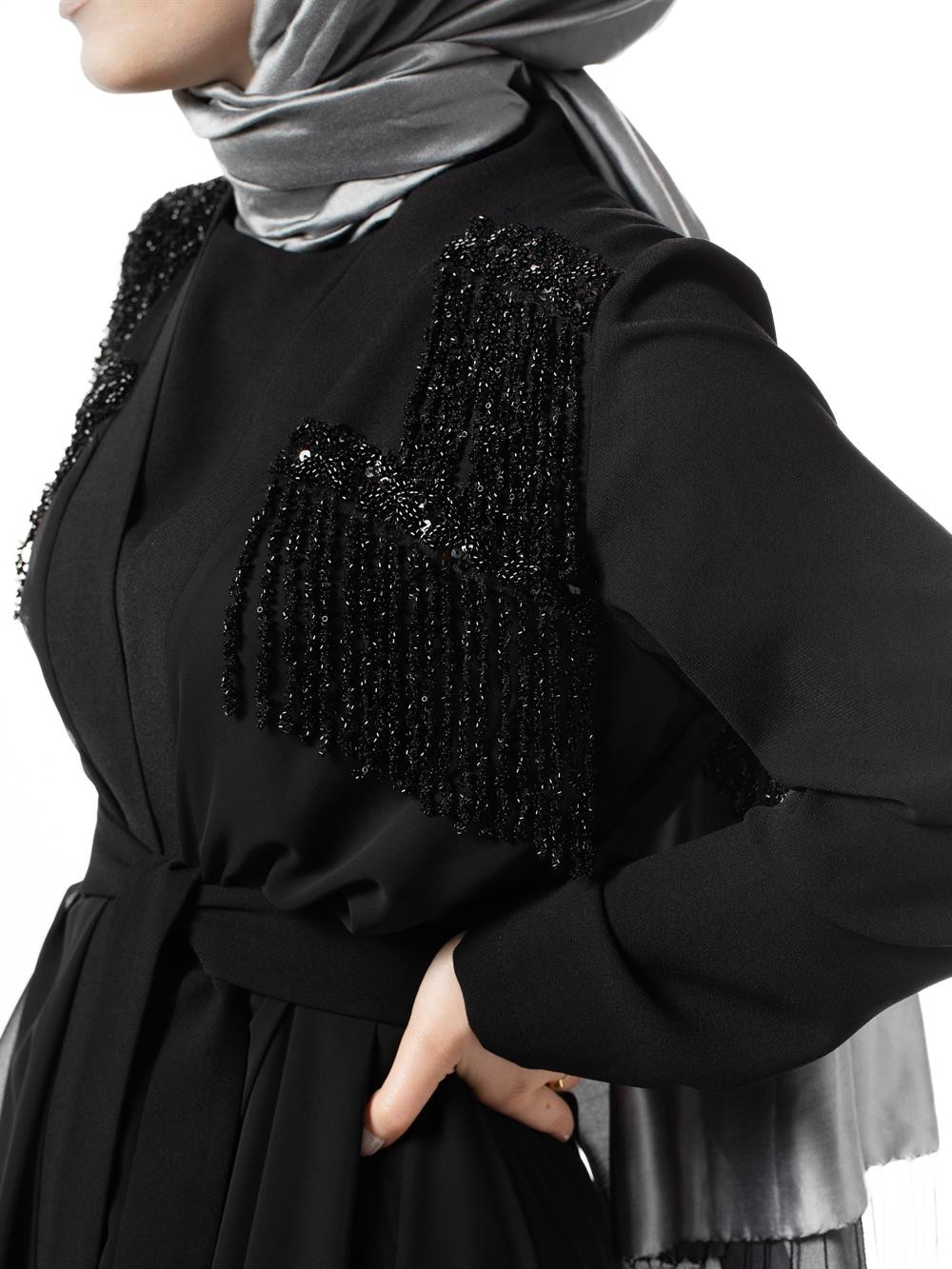 Heddy Önü ve Sırtı Boncuk İşlemeli Abaya 6608-SİYAH