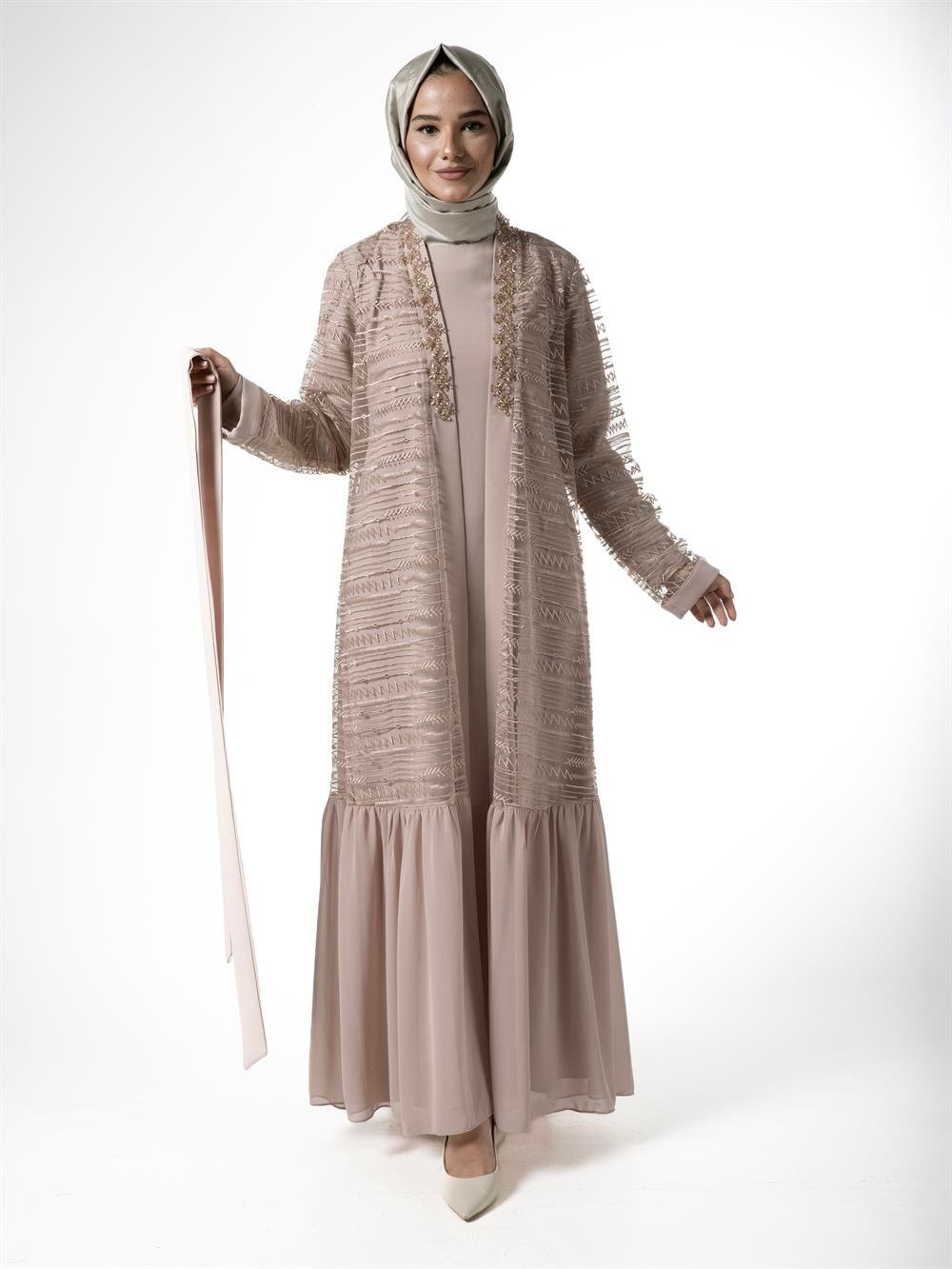 Heddy Tüllü Boncuklu Abaya 6611-VİZON