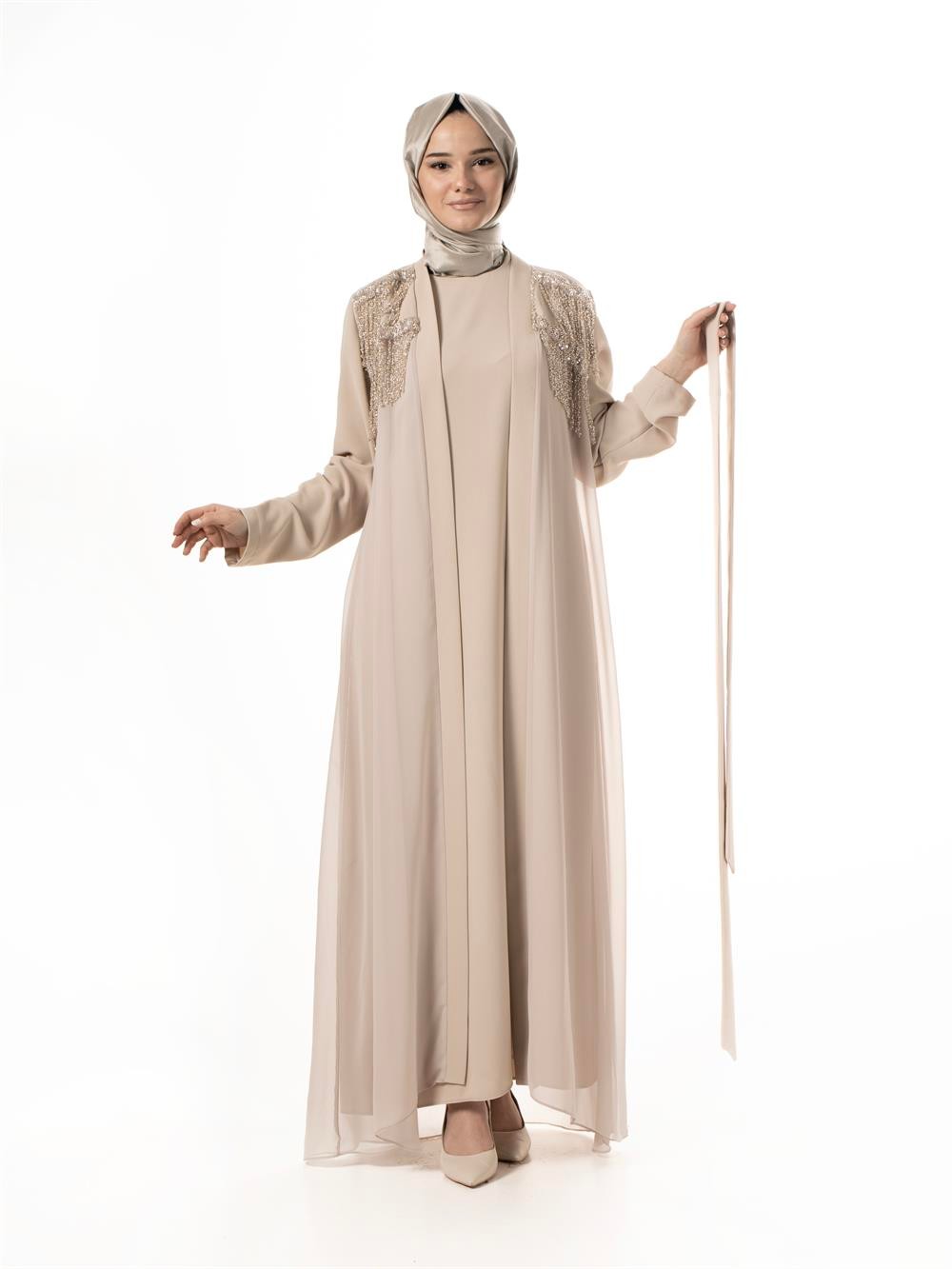 Heddy Önü ve Sırtı Boncuk İşlemeli Abaya 6608-BEJ